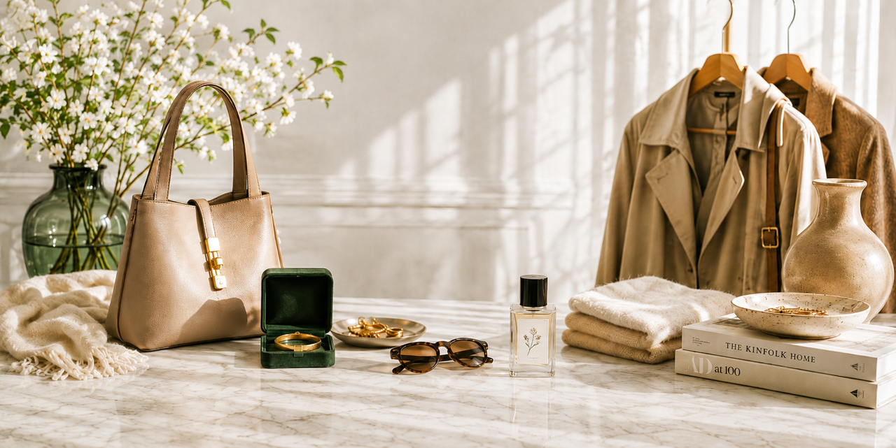Sorgfältig arrangierte Vintage-Stücke: Handtasche, Schmuck, Sonnenbrille, Parfum und ein Trenchcoat